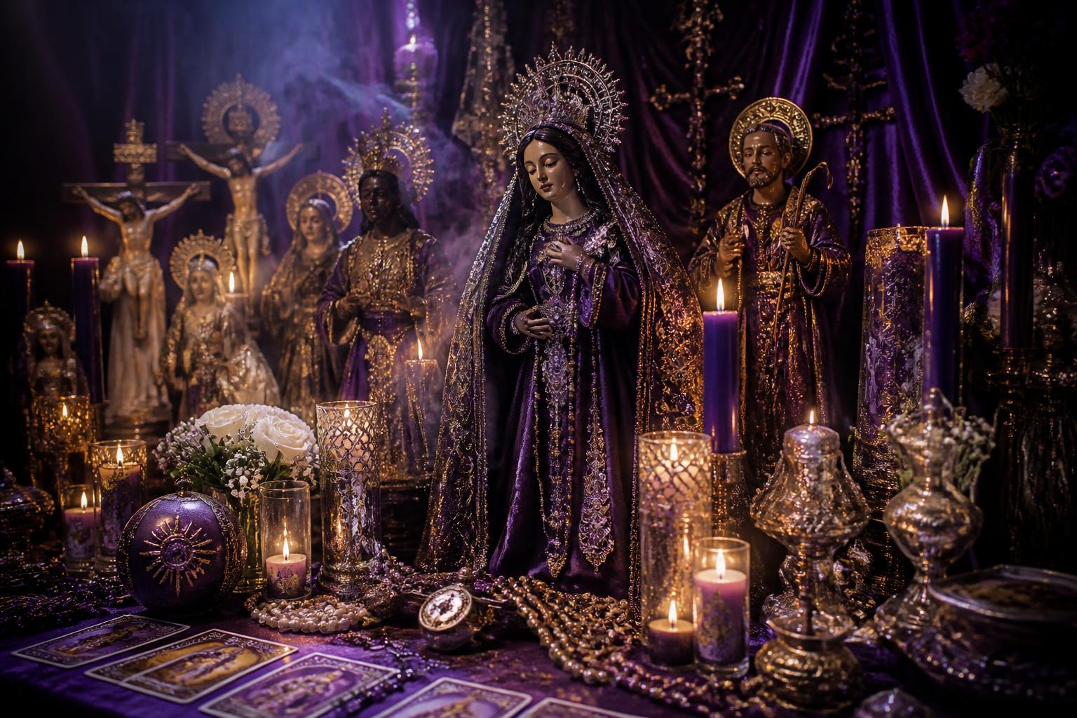 Altar de santería con imágenes de santos, velas encendidas y cartas de tarot entre tonos morados, plata y oro