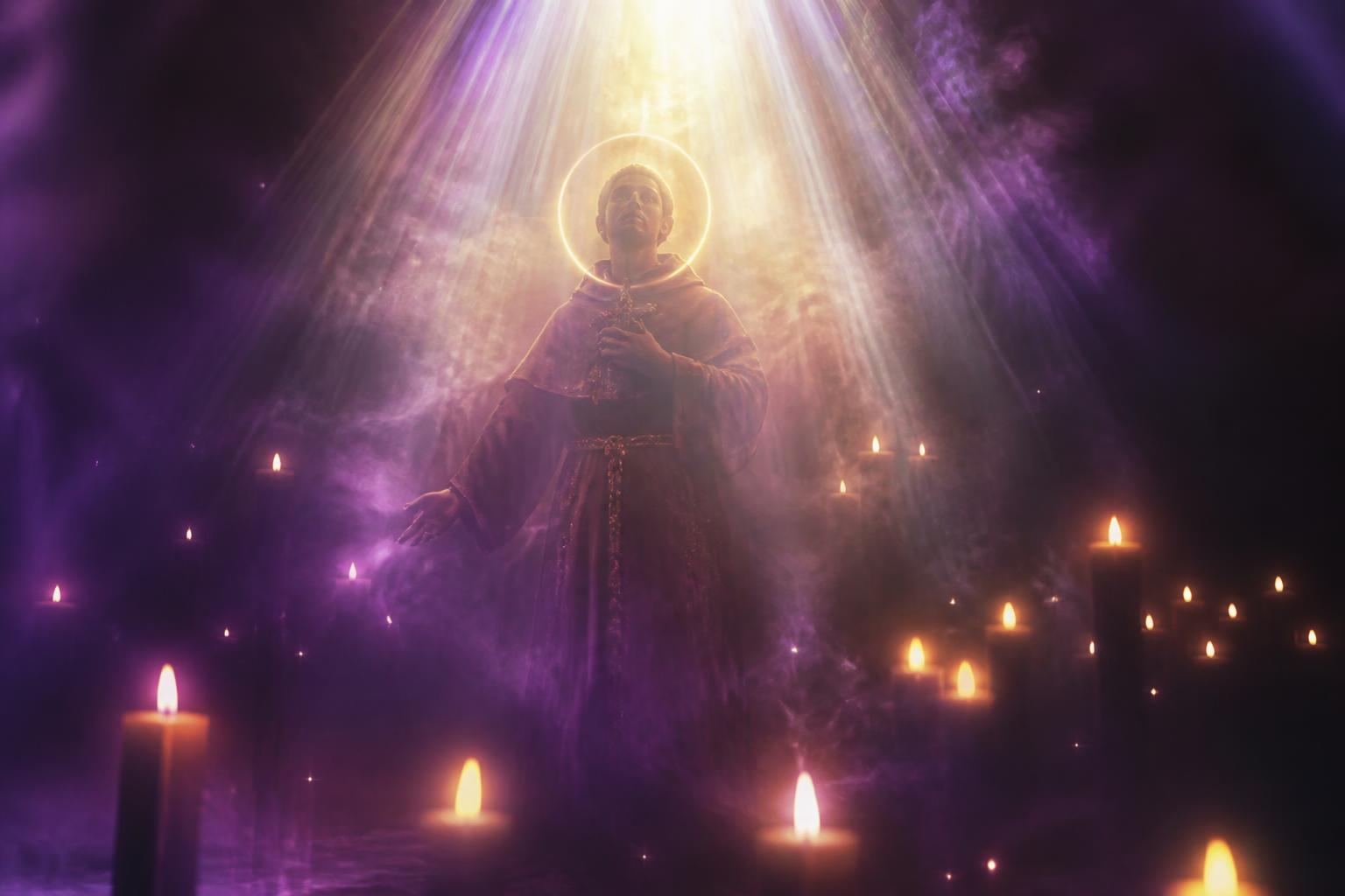 Figura de un santo entre rayos de luz dorada y bruma morada con velas encendidas